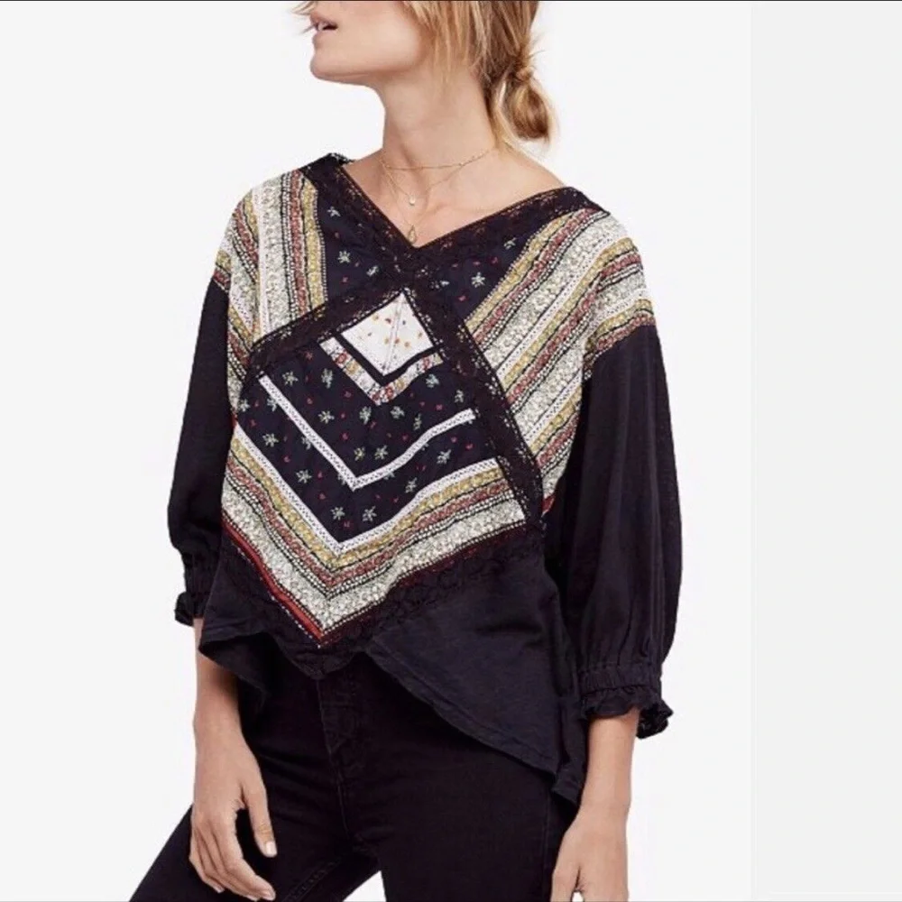 FREE PEOPLE Prairie Days Tee Top Black Short Sleeve